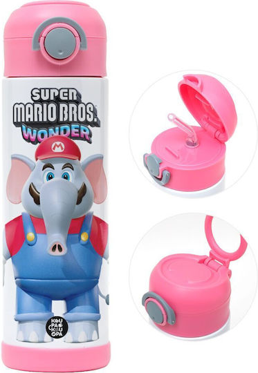 Koupakoupa Super Mario Wonder Sticlă Pentru Copii Super Mario Oțel Inoxidabil Cu Pai Roz 500ml