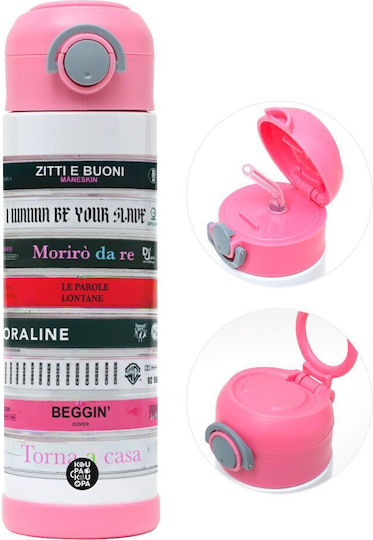 Koupakoupa Maneskin Cassette Sticlă Pentru Copii Din Oțel Inoxidabil Cu Pai Roz 500ml