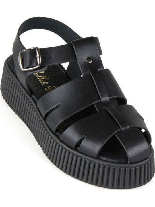 Δερμάτινα Γυναικεία Σανδάλια Flatforms Μαύρα