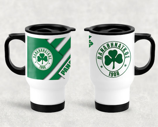Panathinaikos Ποτήρι Θερμός Ανοξείδωτο / Πλαστικό 415ml Λευκή, Μαύρη με Λαβή και Καλαμάκι
