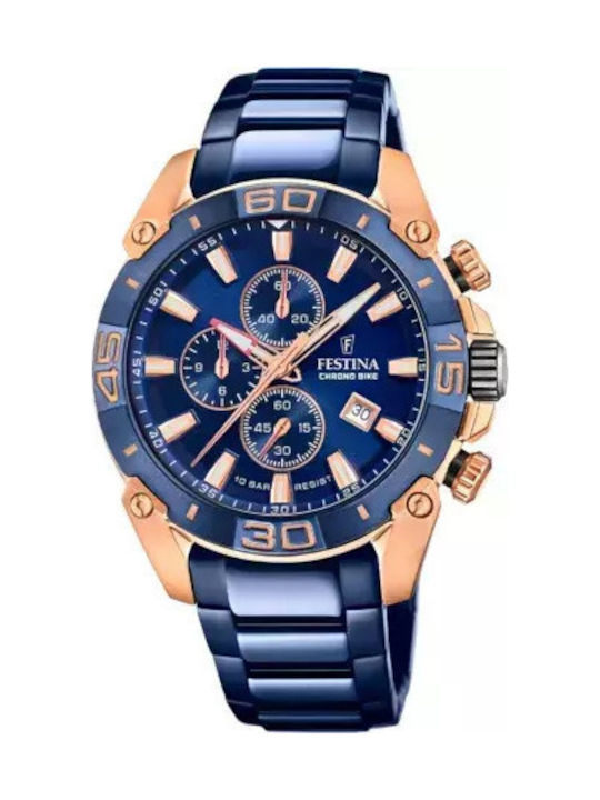 Festina Ανδρικό Ρολόι 45mm Χρονογράφος Μπαταρίας με Ροζ Χρυσό Μεταλλικό Μπρασελέ
