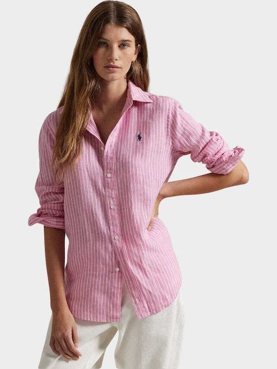 Ralph Lauren Langärmelig Damen Leinen Hemd Pink Gestreift