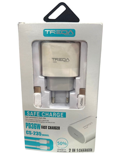 Treqa Ladegerät mit USB-C Anschluss und Kabel USB-C - USB-C 36W Schnellaufladung 3.0 Weißs (CS-235)