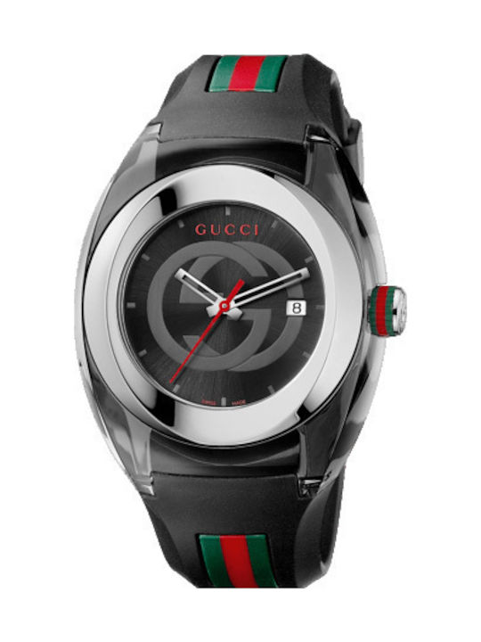Gucci Ανδρικό Ρολόι Μπαταρίας με Μαύρο Καουτσούκ Λουράκι