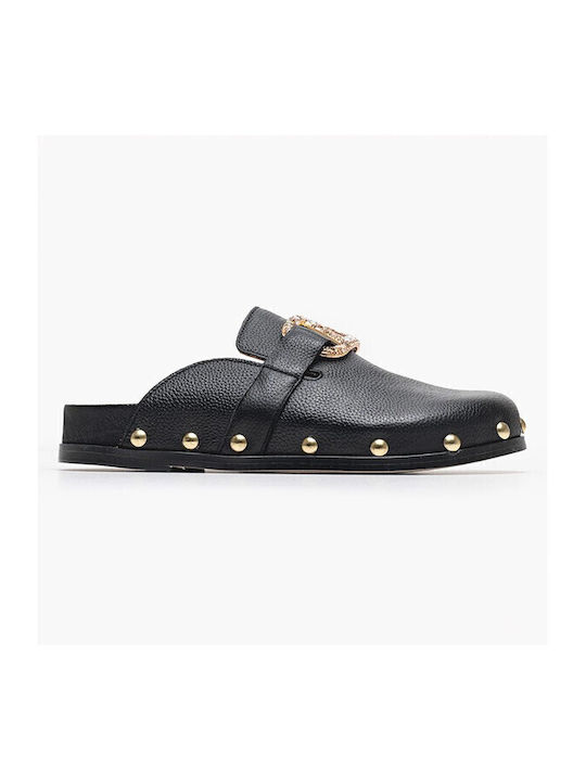 Flach Leder Mules in Schwarz Farbe