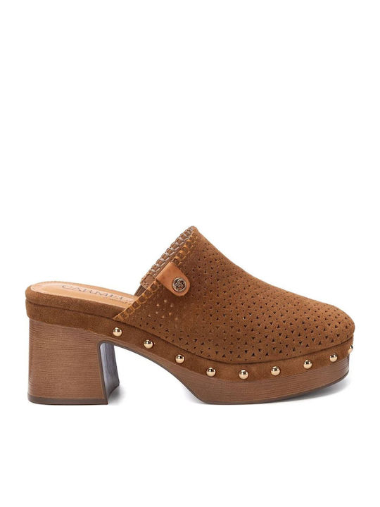 Suede Mules with Chunky High Heel in Brown Color