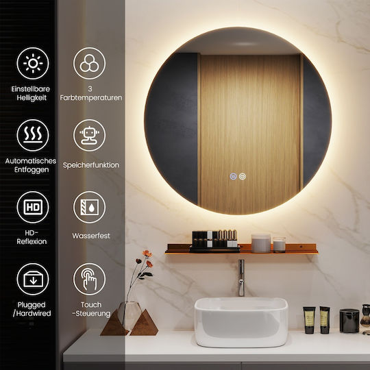 Costway Round Bathroom Mirror Led made of Metal with Shelf 51x51cm White