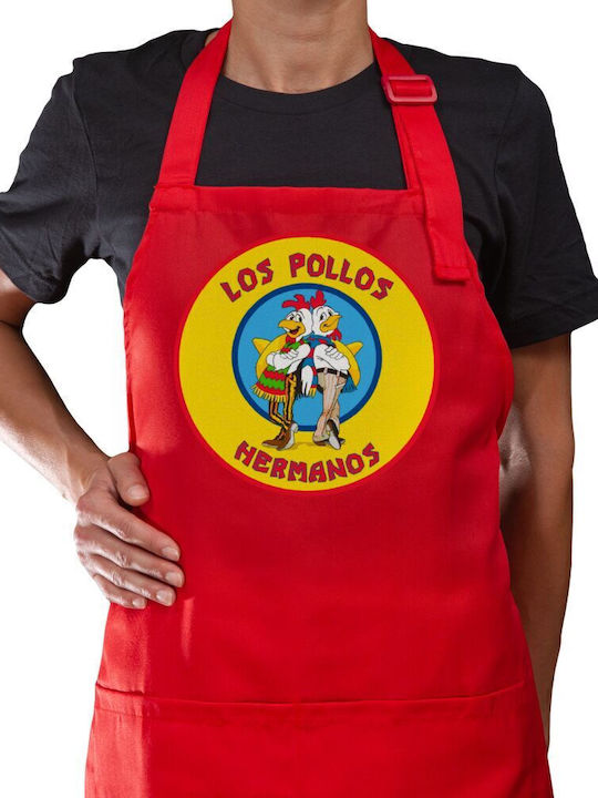 Șorț lung de bucătar Los Pollos Hermanos cu buzunare roșu pentru adulți