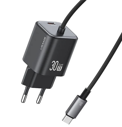 Usams Ladegerät mit integriertem Kabel GaN mit USB-C Anschluss USB-C 30W Schwarzs (CC264)