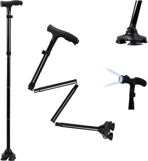 Baston pliabil cu mâner și lanternă LED, înălțime reglabilă în 5 trepte 85 – 97 cm, negru
