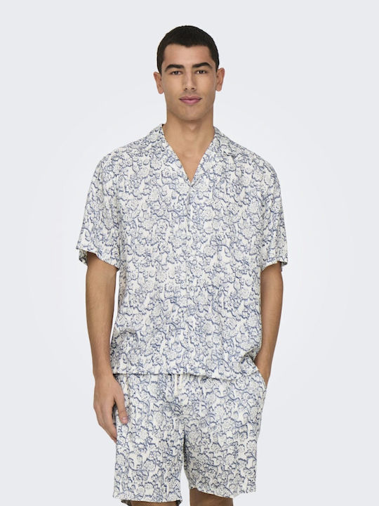 Κοντομάνικο Πουκάμισο σε Κανονική Γραμμή Floral Off White, Vintage Indigo