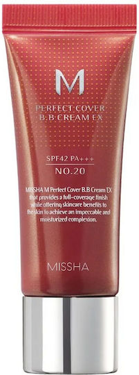 Missha Perfect Cover BB No 20 Cool Beige Day Face Cream with SPF42 for Moisturizing & Blemishes with Hyaluronic Acid & Collagen 20ml