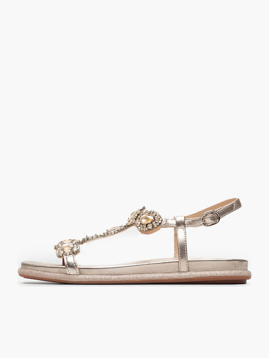 Leather Women's Flat Sandals with Strap in Gold Color
