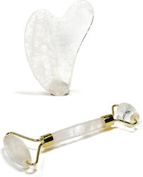 Gua Sha Gesichtsmassage-Set Weißer Quarzstein + Anti-Aging-Roller Bergkristall-Roller