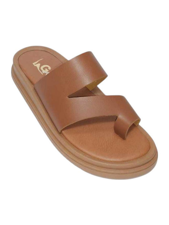 Leather Women's Flat Sandals in Tabac Brown Color