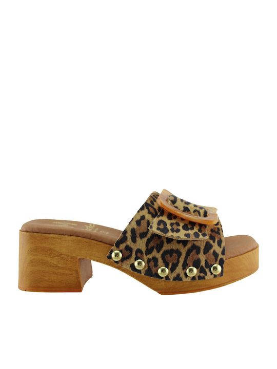 Leather Women's Mules with Chunky Low Heel in Brown Color