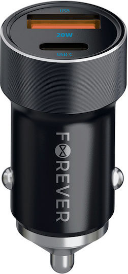 Forever Încărcător Auto 20W Cu Încărcare Rapidă Cu Porturi 1xUSB 1xType-C Împreună Cu Cablu Type-C Culoare Neagră