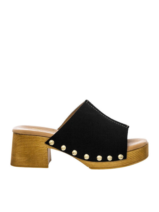 Leather Mules with Chunky Low Heel in Black Color