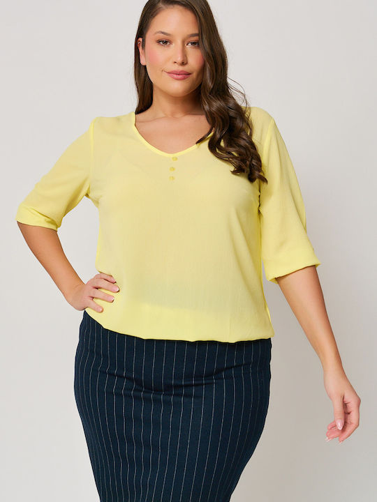 Bluza Damă cu Mânecă 3/4 și Decolteu în V Culoare Galben
