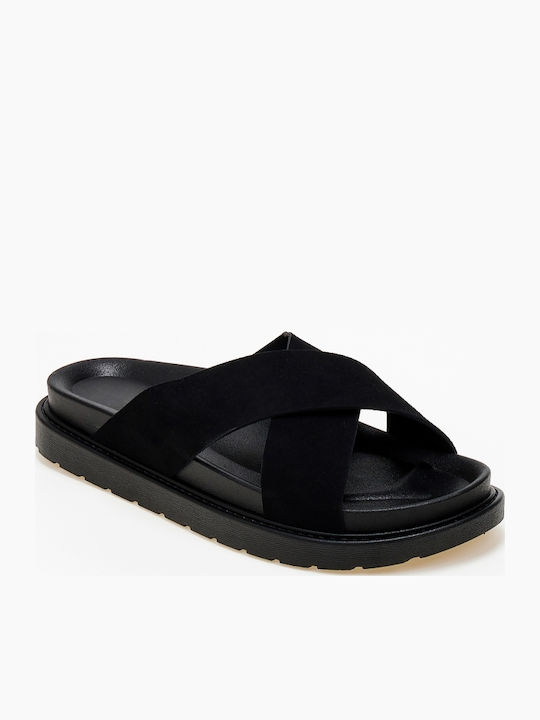 Flatform Suede Cross-Strap Sandals Black