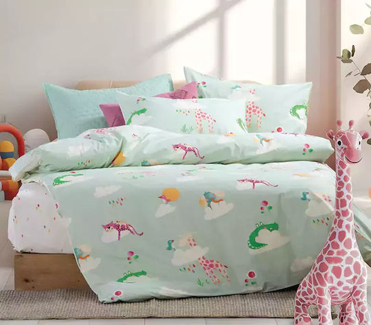 Nef-Nef Homeware Seturi de cearșafuri Single Bumbac Sky Is a Zoo Verde 170x260cm 3buc