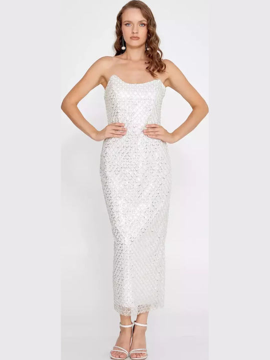 Sommer Midi Abendkleid Trägerlos Ecru