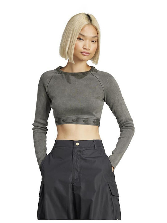 Adidas Ribbed Longsleeve Crop Top Black