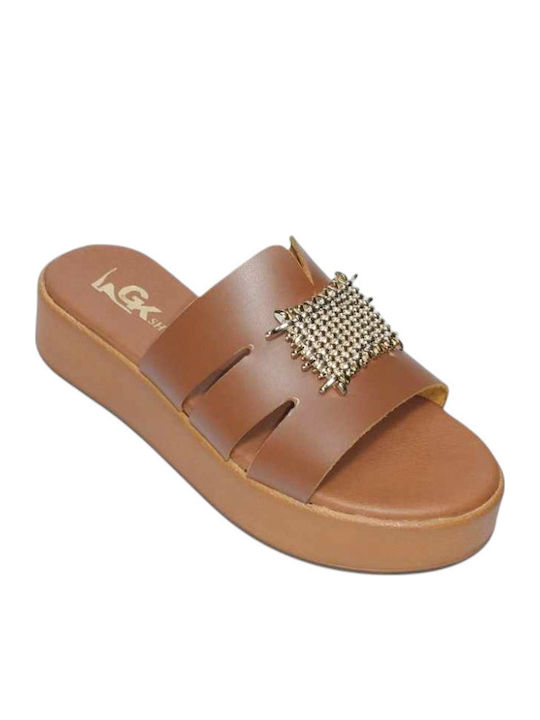 Gk Shoes Leather Women's Flat Sandals in Tabac ...