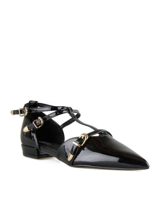 Γυναικείες Μπαλαρίνες Slingback από Λουστρίνι με Λουράκι σε Μαύρο Χρώμα