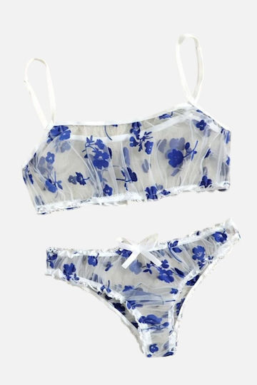 Set 2 Piese Sexy Tulle Transparent Lenjerie Imprimată cu Flori Bralette Bretele Reglabile Chiloți Albastru