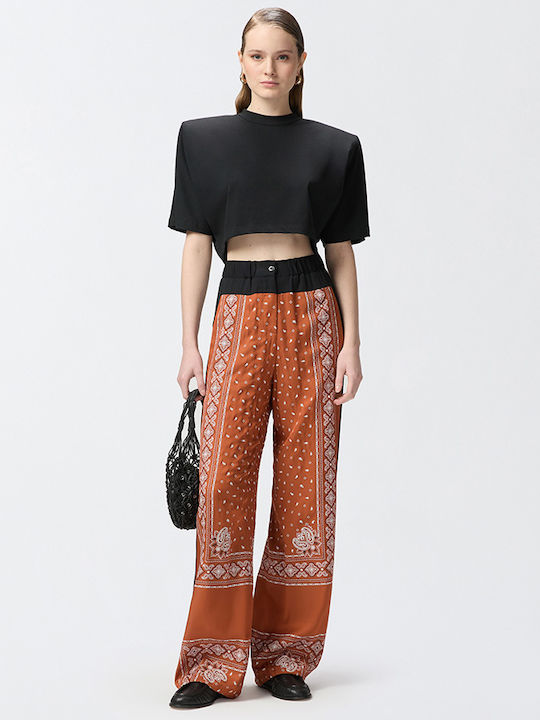 Pinko Spirito Women's High Waist Fabric Palazzo Pants Flared Brown Pinko Spirito Women's High Waist Fabric Palazzo Pants Flared Brown