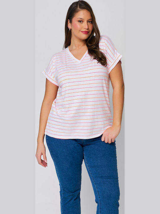 Women's Crop Top Short Sleeve with V Neckline Striped White