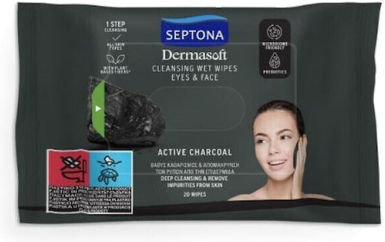Septona Dermasoft Active Charcoal Tücher Reinigung Gesicht & Augen 20Stück