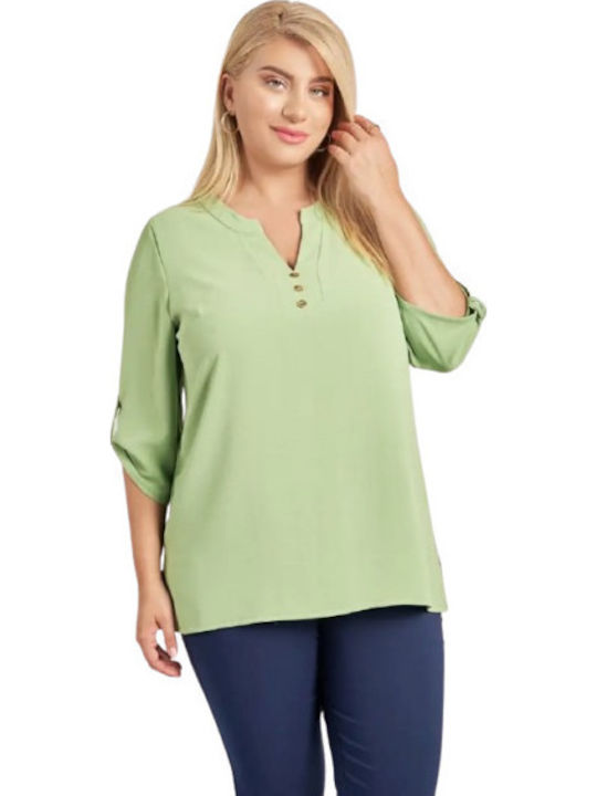Damen Bluse mit 3/4 Ärmel & V-Ausschnitt Green