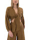 Γυναικείο Crop Top Βαμβακερό Μακρυμάνικο Καφέ (light Brown)