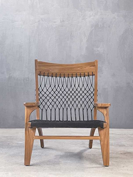 Outdoor Armchair Wooden Teak Black Rope 65x76x90cm