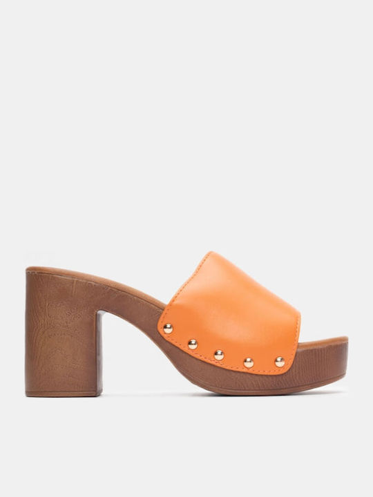 Mules with Chunky High Heel in Orange Color