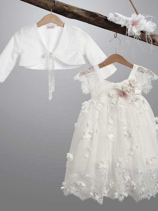 New Life Ecru Baptism Clothes Set with Hair Accessories Cardigan & Lace Dress 3 Pieces