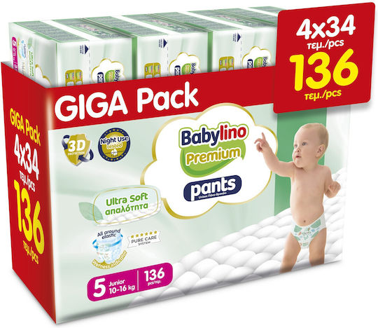 Babylino Premium Diaper Pants GIGA PACK 136 pcs No5 Junior 10-16kg– Ultra Soft Softness, 3D Protection & High Absorbency
