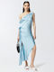 Asymmetric Verdone Summer Maxi Dress for Wedding - Christening Drape Blue