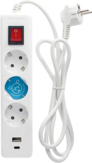 GSC Power Strip 3 Positions with USB-A, 1 USB-C, Switch and Cable 1.4m