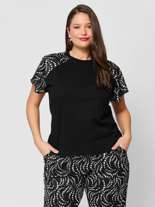 Women's Blouse Cotton Short Sleeve Floral Black