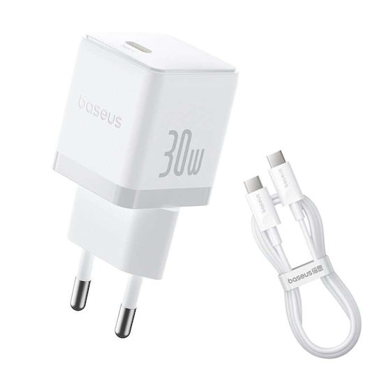 Baseus Ladegerät mit USB-C Anschluss und Kabel USB-C - USB-C 30W Stromlieferung Weißs (Palm)