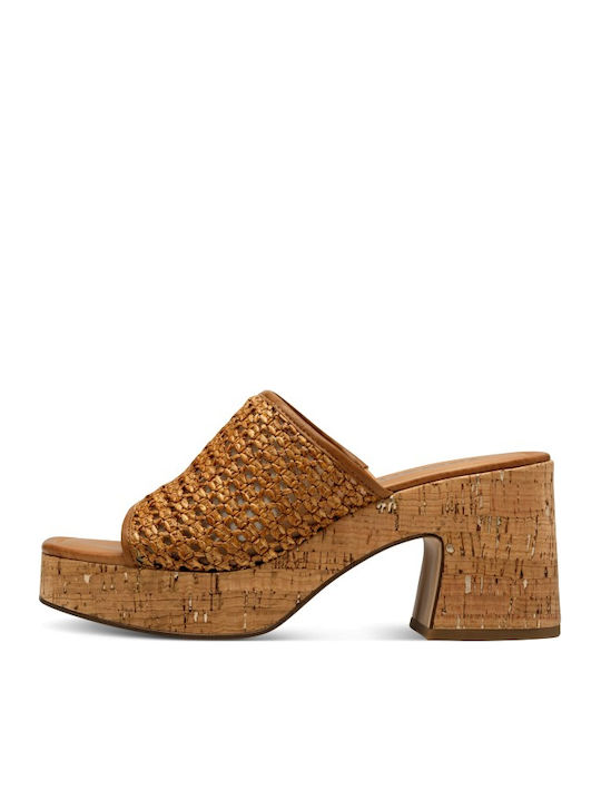 Leather Mules with Chunky Heel in Tabac Brown Color