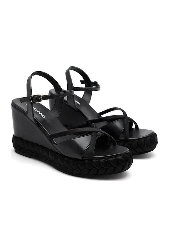 Women's Leather Ankle Strap Platforms Black