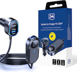 3MK Încărcător Auto cu Porturi 1xUSB-A 2xType-C