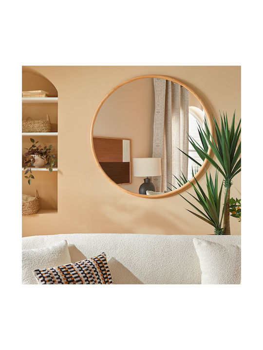Wall Mirror with Beige Wooden Frame Diameter 75cm 1pcs