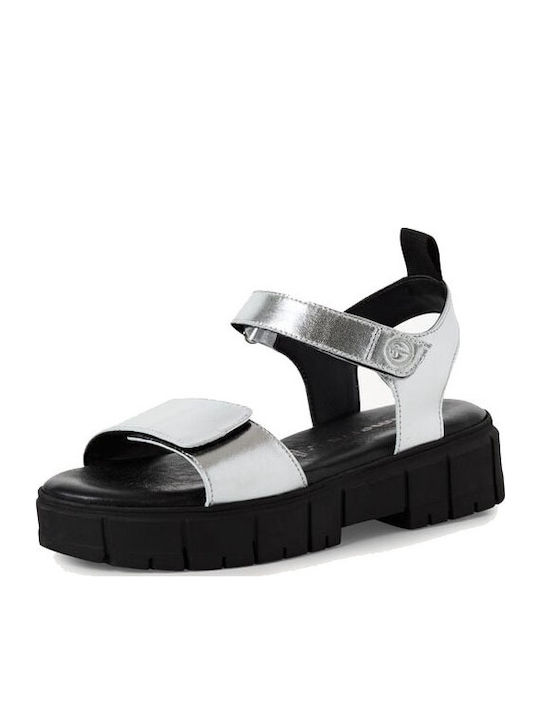 Leather Women's Flat Sandals in Silver Color