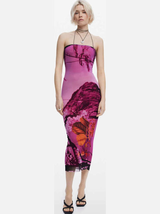 Summer Midi Evening Dress Strapless with Tulle Purple
