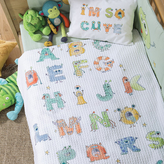 Nef-Nef Homeware Pătură Pătuț Alphabet Monster Pique Albă 110x150cm